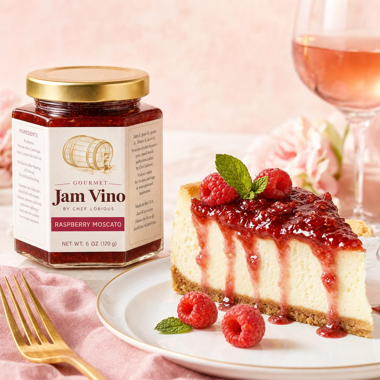 Raspberry Moscato jar beside a cheesecake slice topped with glossy raspberry jam, berries and mint