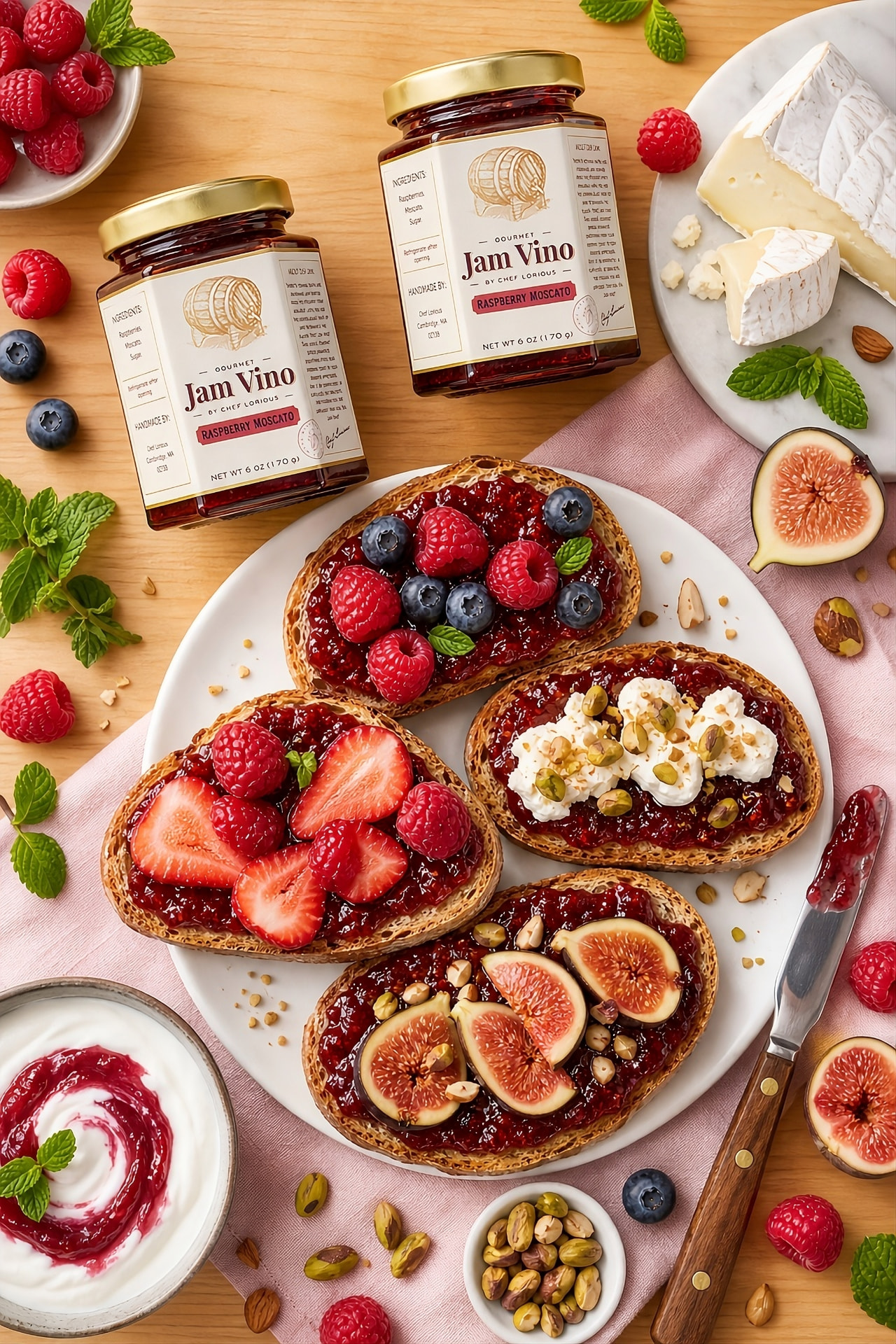 Toasts topped with Raspberry Moscato jam, ricotta, berries and figs on a board with two Jam Vino jars