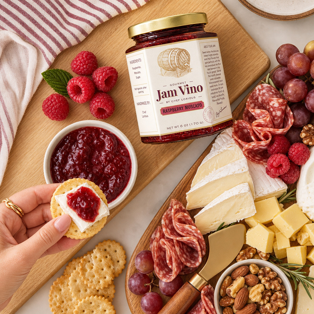 A hand holding a cracker with brie and Raspberry Moscato jam beside the jar and a cheese board with fruit and nuts
