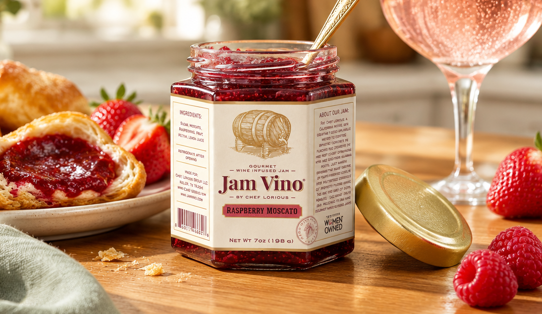 Open Raspberry Moscato jar with a gold spoon, a jam-filled croissant, fresh raspberries and a sparkling pink drink in daylight