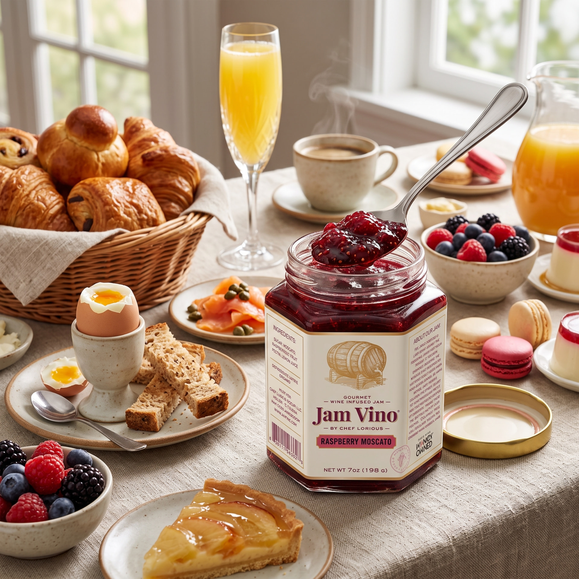 An open jar of Jam Vino Raspberry Moscato with a spoon on a brunch table with eggs, salmon, berries, croissants and a mimosa