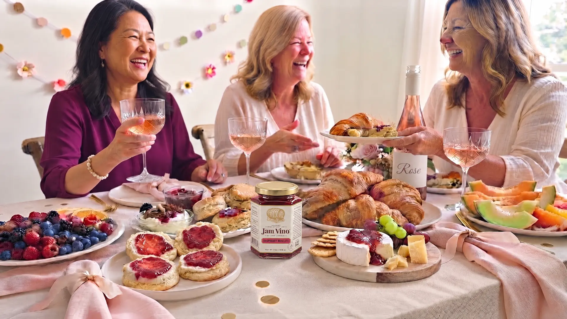 Three friends laughing around a bright brunch table with croissants, berries, brie, rosé and Jam Vino Raspberry Moscato in the foreground