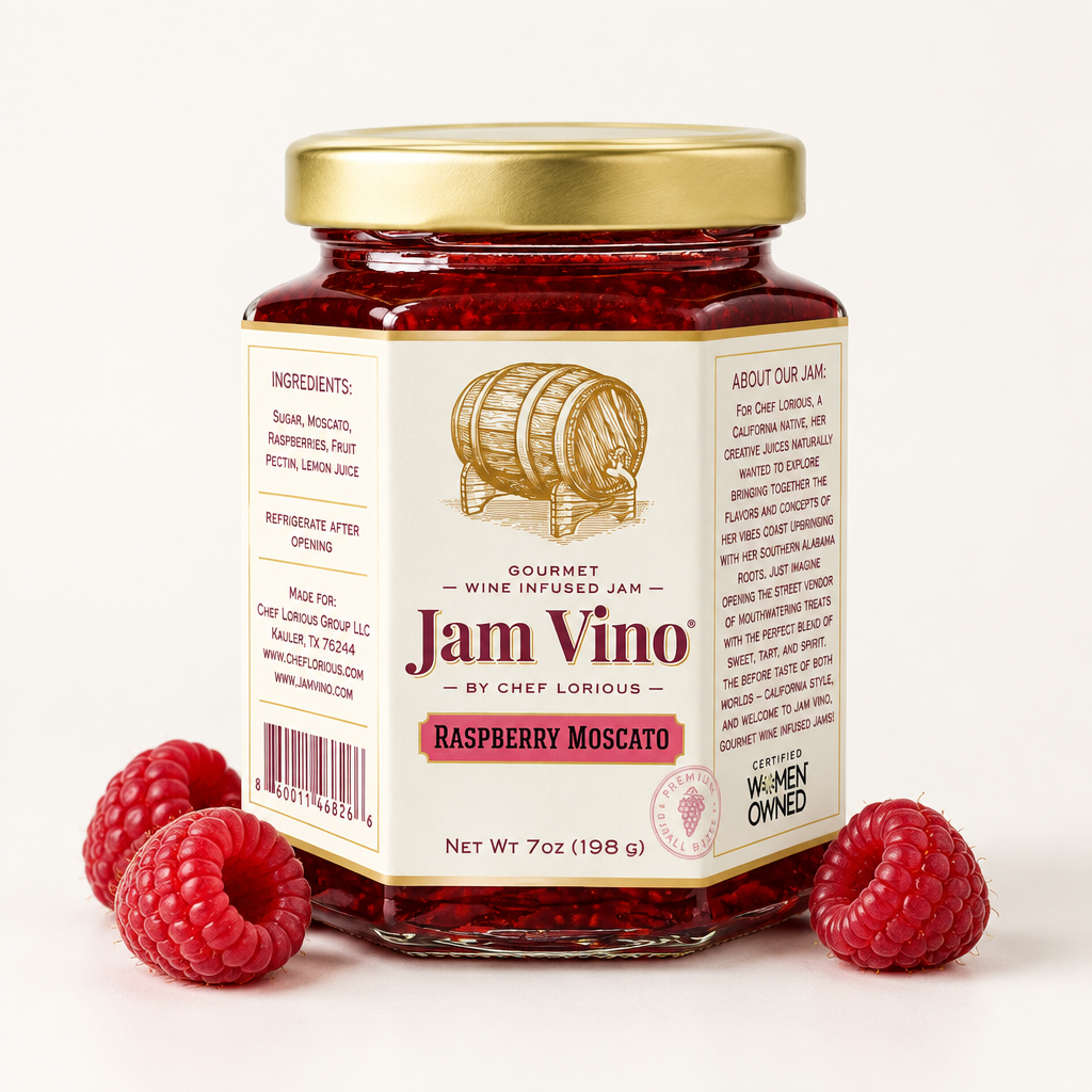 Jam Vino Raspberry Moscato jar, straight-on studio shot with fresh raspberries
