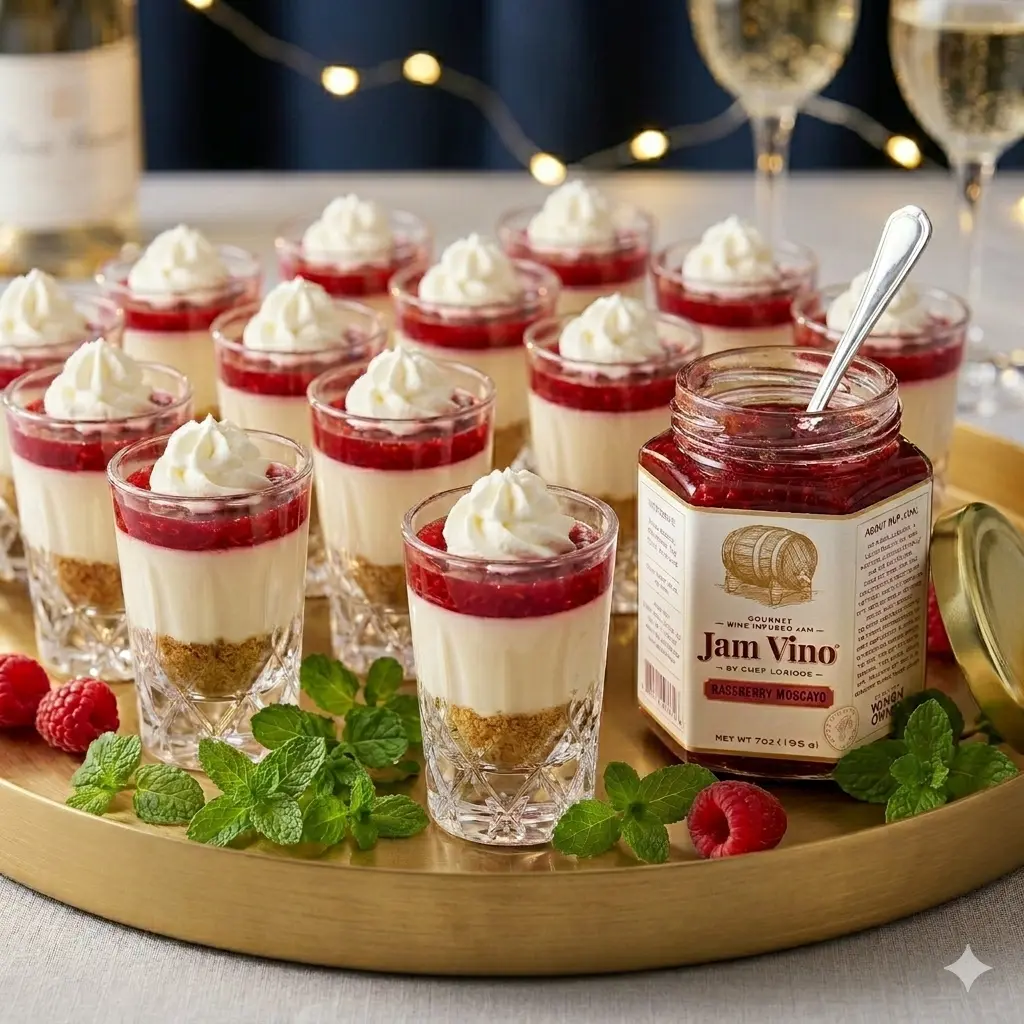 Individual raspberry-topped dessert cups on a gold party tray beside an open Raspberry Moscato jar