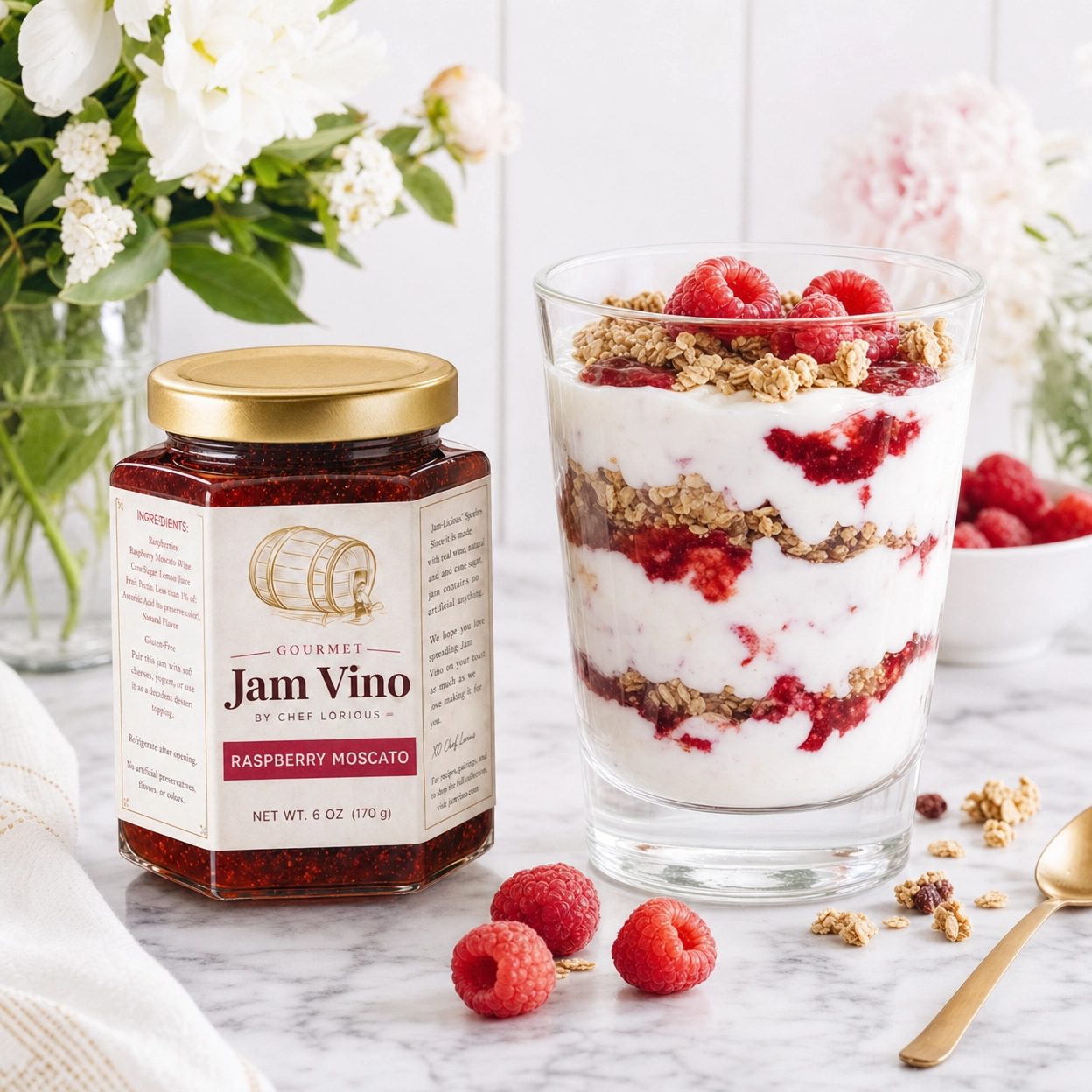 Raspberry Moscato jar beside a yogurt parfait layered with raspberry jam, granola and fresh raspberries