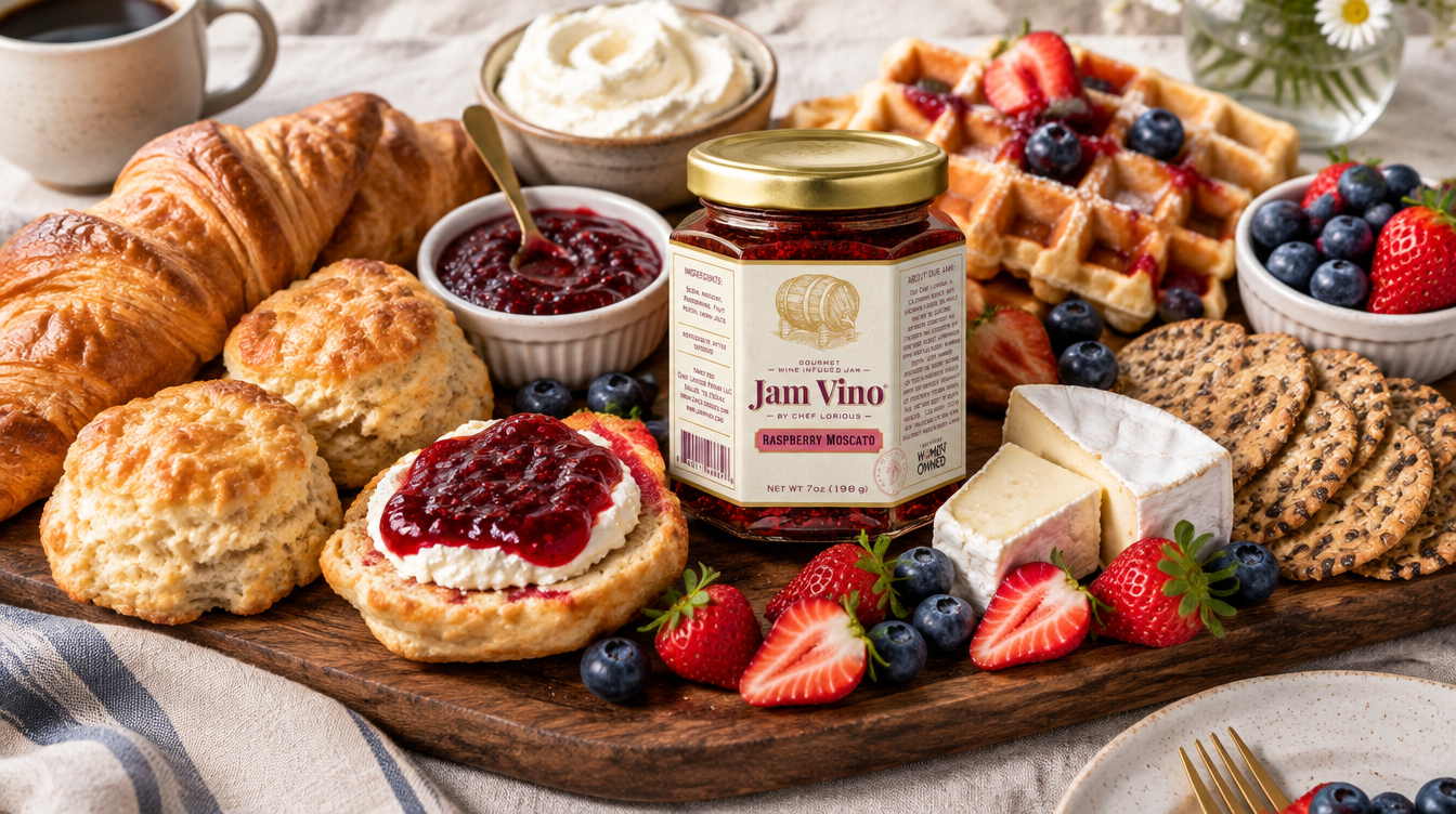 Raspberry Moscato jar on a brunch board with jam-topped biscuits, croissants, waffles, berries, brie and crackers