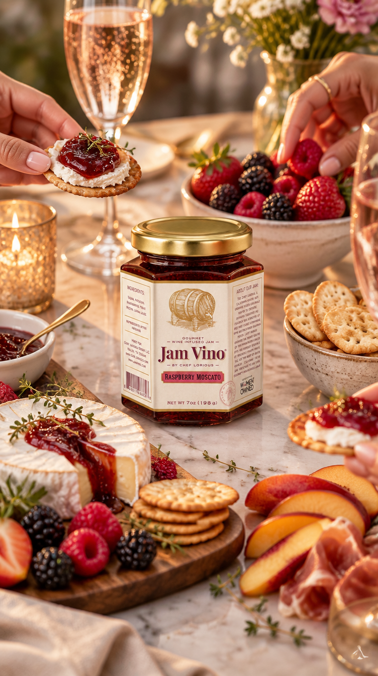 Jam Vino Raspberry Moscato jar surrounded by crackers, brie with jam, fresh berries, sparkling rosé and candlelight
