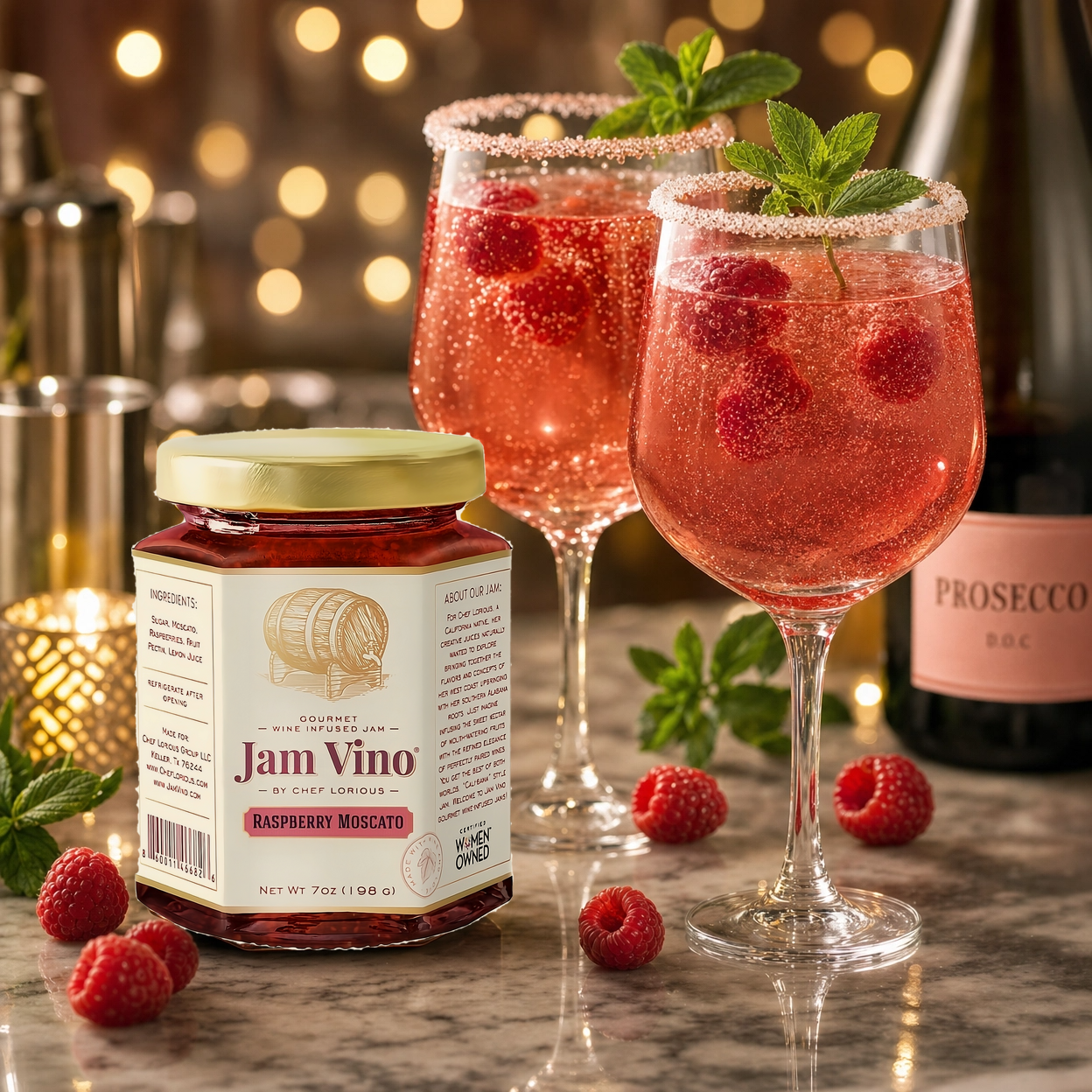 Two sparkling raspberry drinks with mint and sugar rims beside a Jam Vino Raspberry Moscato jar