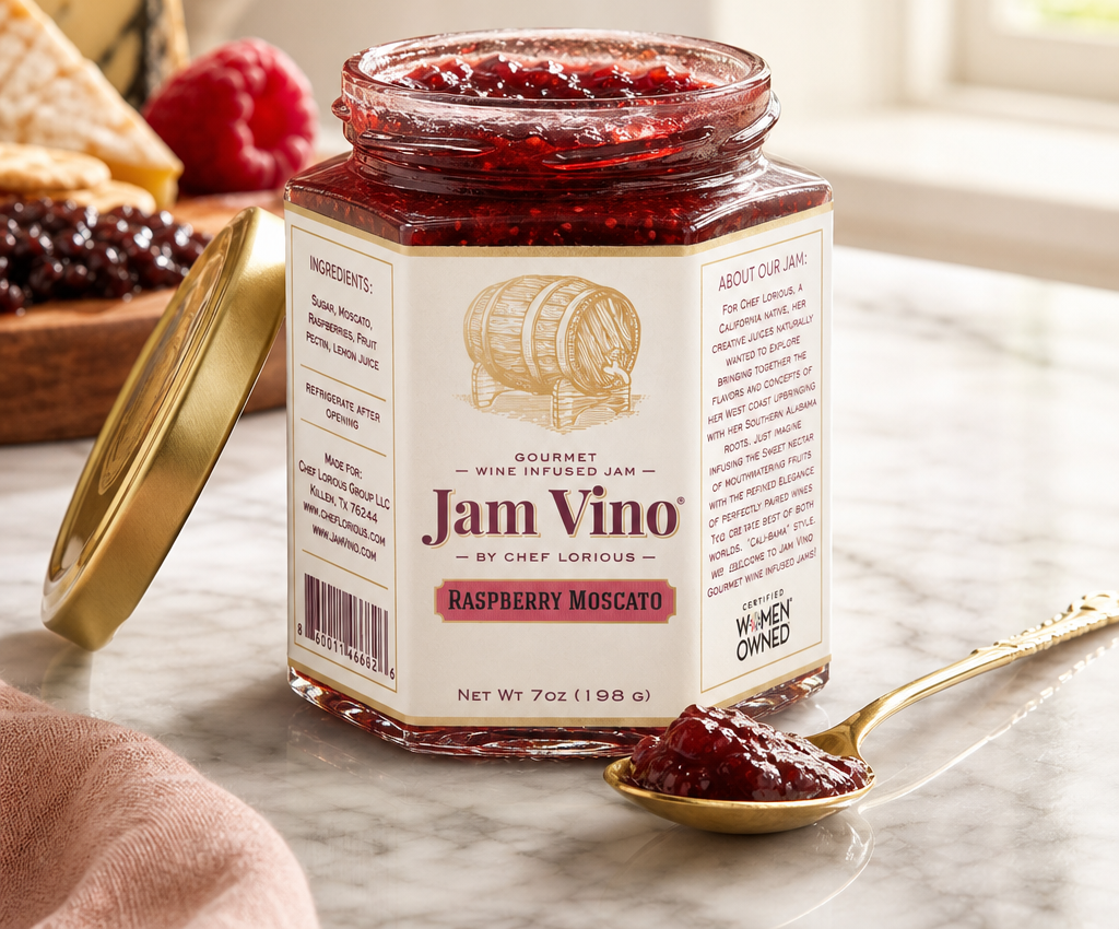 Tall open Raspberry Moscato jar with its full label visible and a gold spoon of raspberry jam beside it